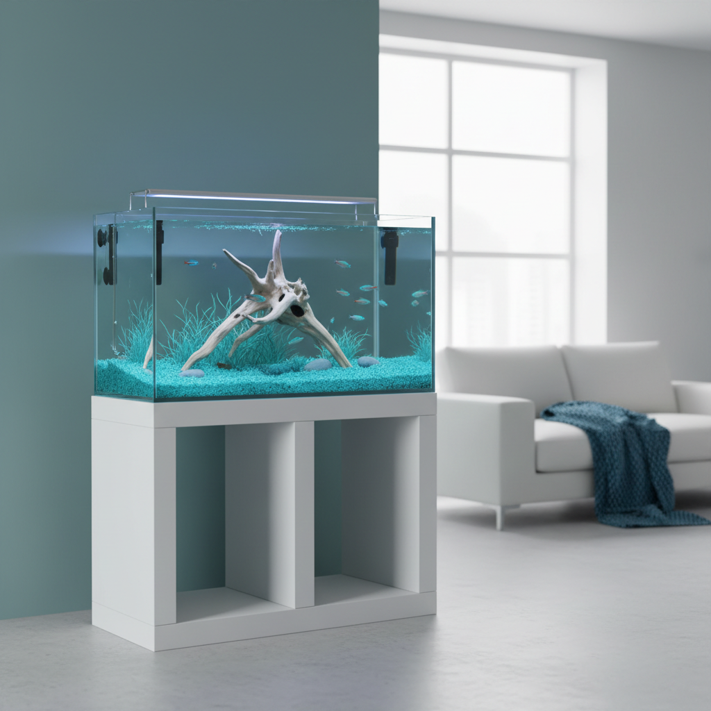 A modern rimless glass aquarium tank on a clean stand in a bright contemporary room, minimal aquascape inside, professional product photography, teal and blue tones