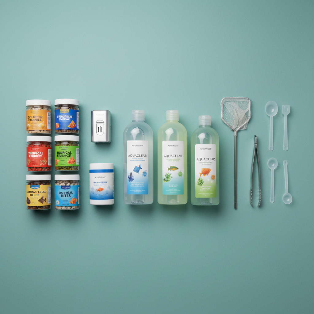 Aquarium supplies and fish food arranged neatly, water conditioner bottles, feeding accessories, clean flat lay on teal surface, professional product photography
