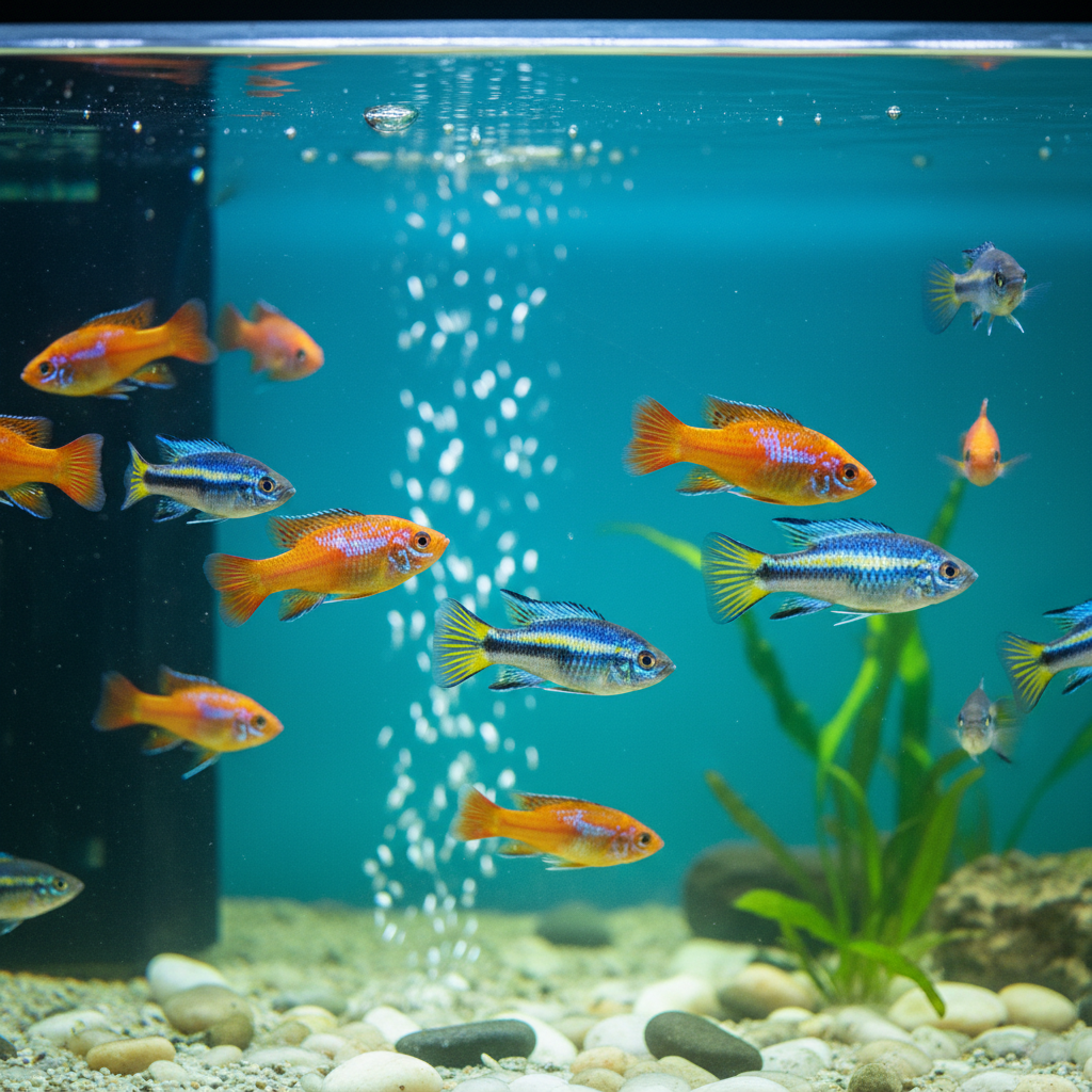 Close-up of colorful tropical freshwater fish swimming in clear blue aquarium water, vibrant orange, blue and yellow fish, clean bright underwater photography